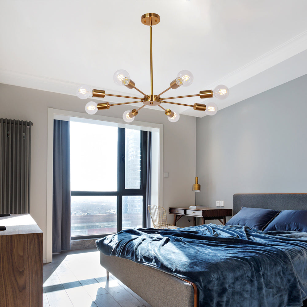 Mid-Century Sputnik Chandelier – Brass Durable Metal Finish for Sloped Ceilings 8 Adjustable Lights