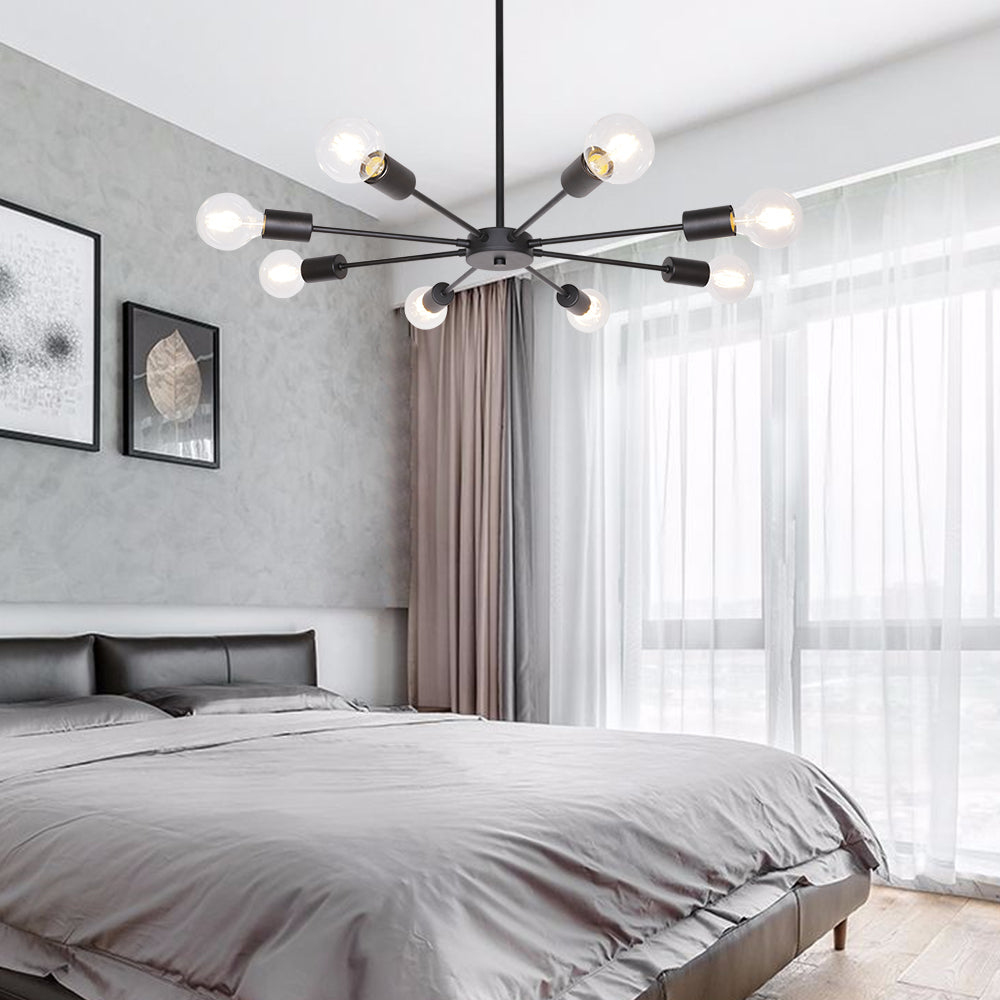 Mid-Century Sputnik Chandelier – Black Durable Metal Finish for Sloped Ceilings 8 Adjustable Lights