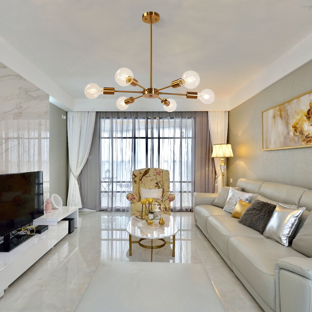 Modern Brass Sputnik Chandelier – 6-Light Adjustable Ceiling Fixture for Vaulted Ceilings E26 Bulb Base