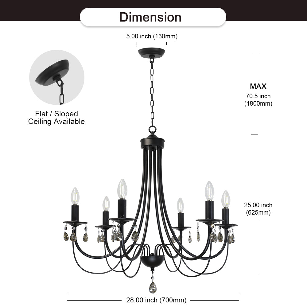 Black Chandeliers 6 Lights Crystal Chandelier Modern Candle Pendant Light Fixtures Elegant Ceiling Hanging Lights for Dining Room Living Room