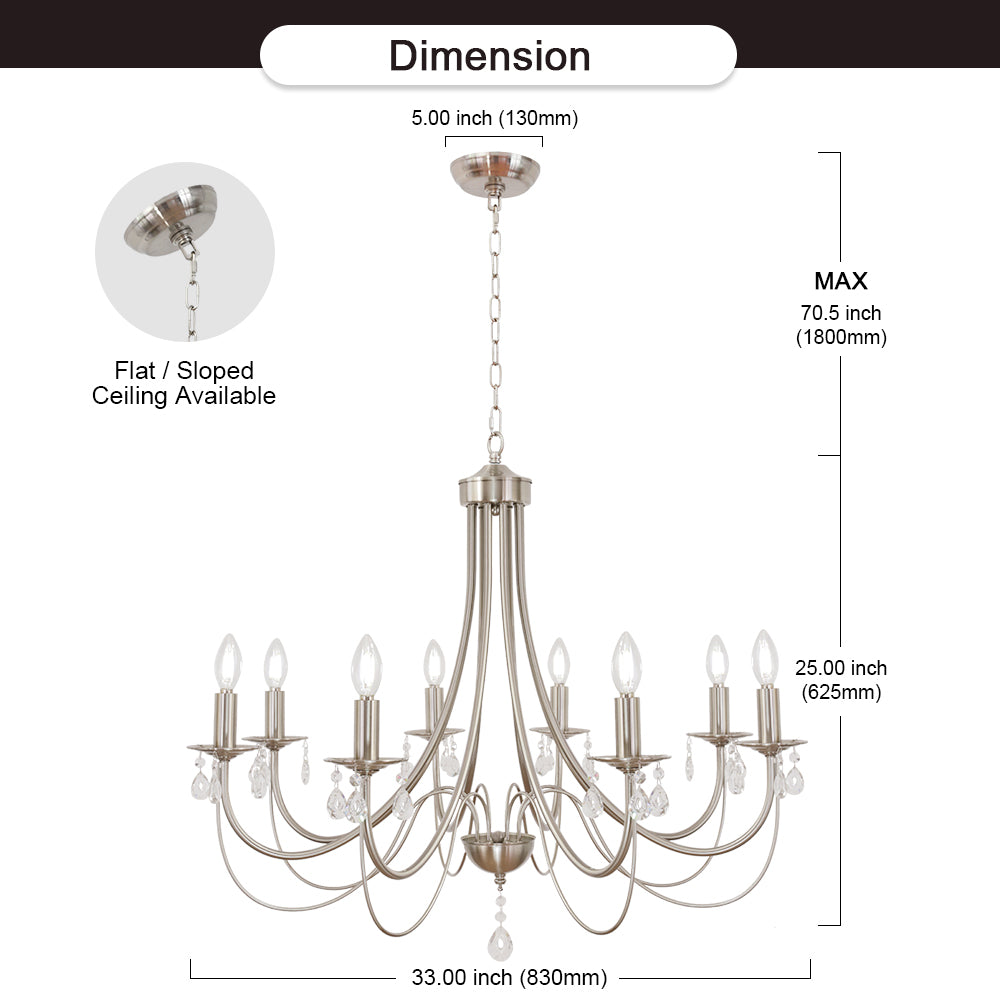 Crystal Chandeliers 8 Lights Brushed Nickel Chandelier Mid Century Ceiling Lighting Dining Room Light Fixtures Elegant Pendant Lighting for Dining Room