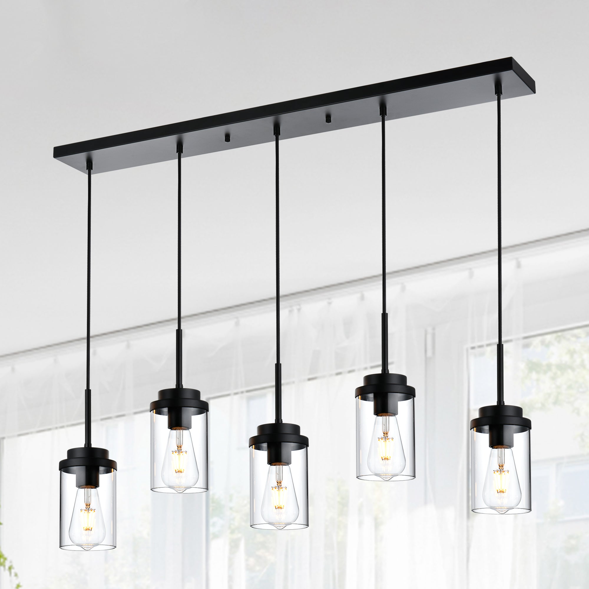 Kitchen Island Lighting Modern 5 Lights Linear Chandeliers for Dining Room, Industrial Black Pendant Light Fixtures Ceiling Hanging with Clear Glass Shade, 40.1 Inches Length