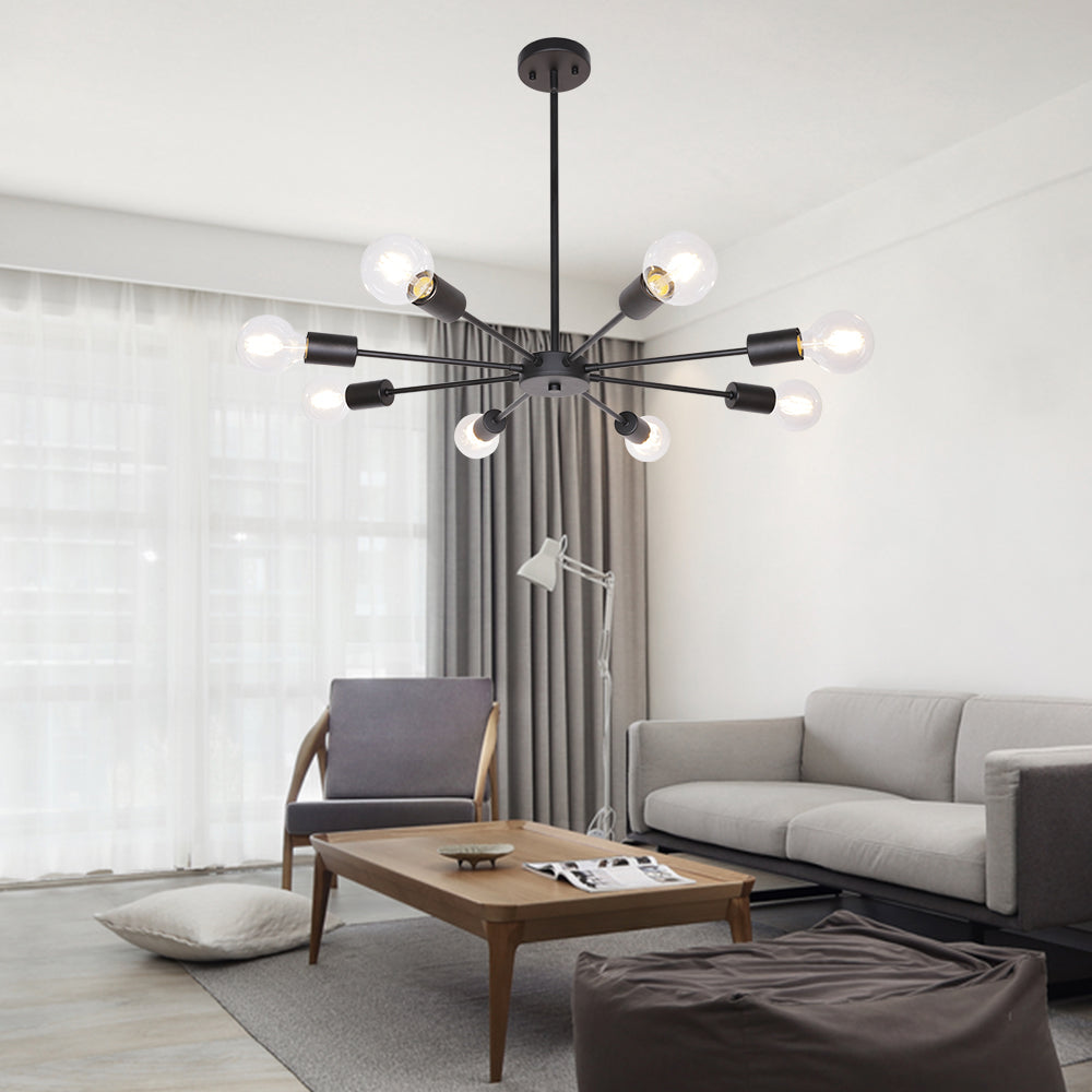 Mid-Century Sputnik Chandelier – Black Durable Metal Finish for Sloped Ceilings 8 Adjustable Lights