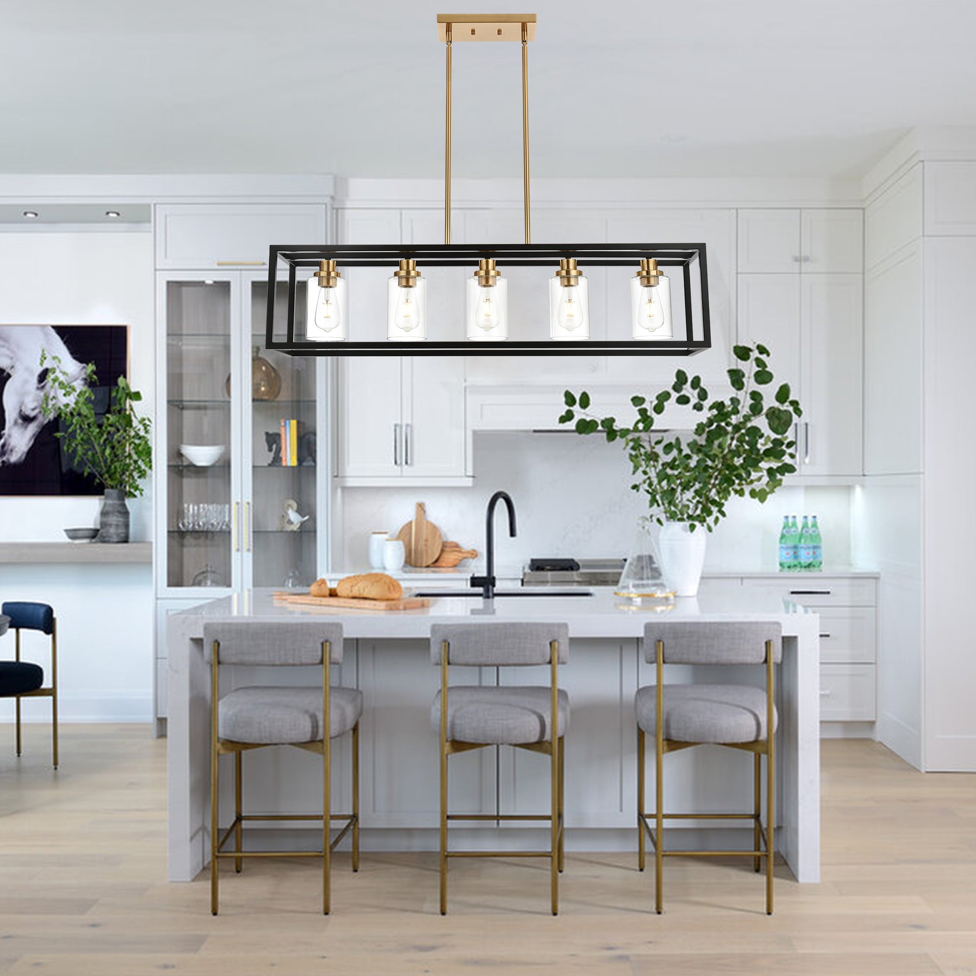 Black Chandeliers Rectangle 5 Lights Dining Room Lighting Fixtures Hanging Over Table, Kitchen Island Lighting Linear Pendant Light Ceiling with Clear Glass Shade and Brushed Brass Socket