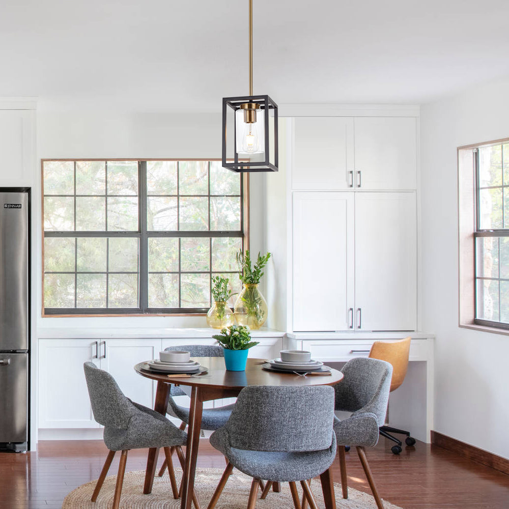 1-Light Interior Lantern Pendant Light,Black and Brushed Brass Finish Farmhouse Chandelier with Clear Glass Shade Foyer Cage Hanging Ceiling Lighting for Kitchen Island Dining Room Entryway