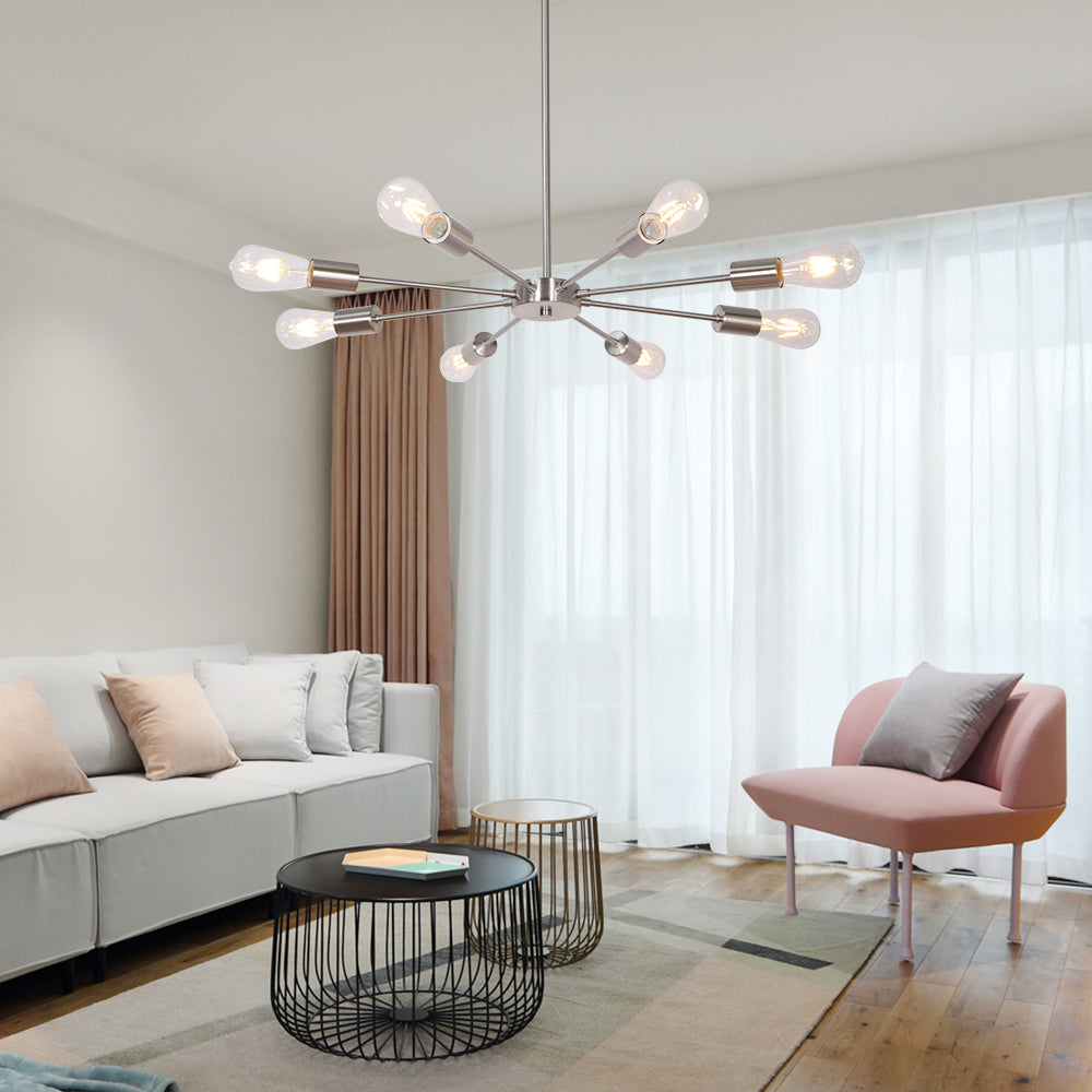 Mid-Century Sputnik Chandelier – Brushed Nickel Durable Metal Finish for Sloped Ceilings 8 Adjustable Lights