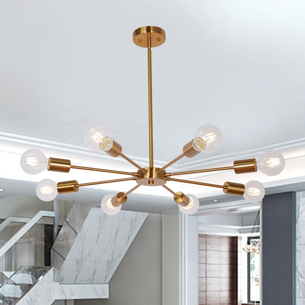 Mid-Century Sputnik Chandelier – Brass Durable Metal Finish for Sloped Ceilings 8 Adjustable Lights