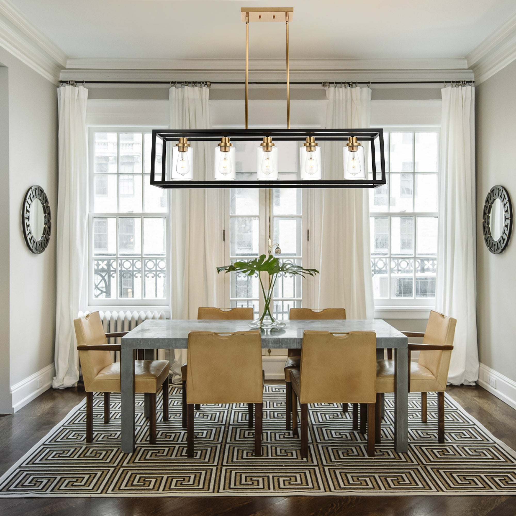 Black Chandeliers Rectangle 5 Lights Dining Room Lighting Fixtures Hanging Over Table, Kitchen Island Lighting Linear Pendant Light Ceiling with Clear Glass Shade and Brushed Brass Socket