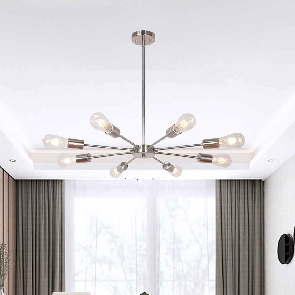 Mid-Century Sputnik Chandelier – Brushed Nickel Durable Metal Finish for Sloped Ceilings 8 Adjustable Lights