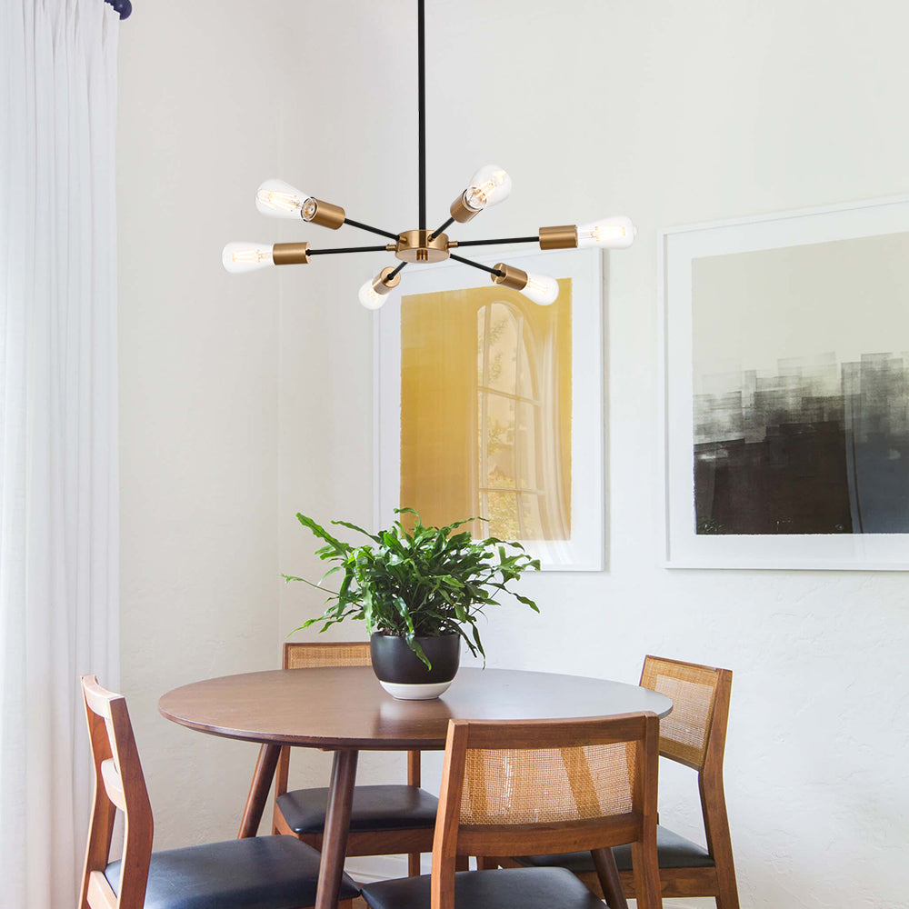 Modern Black Brass Sputnik Chandelier – 6-Light Adjustable Ceiling Fixture for Vaulted Ceilings E26 Bulb Base