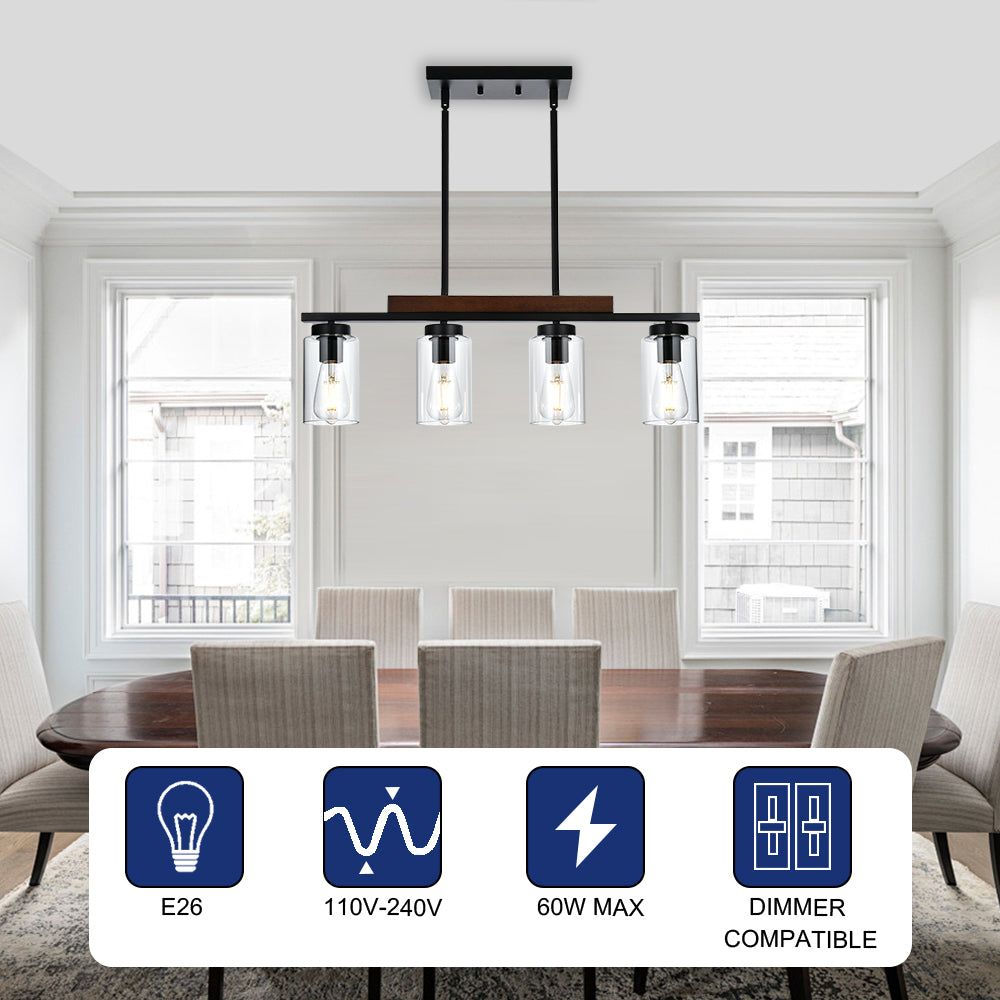 4-Lights Farmhouse Pendant Lights Fixtures Ceiling Hanging, Modern Black Kitchen Island Lighting with Clear Glass Lampshades & Wood Frame