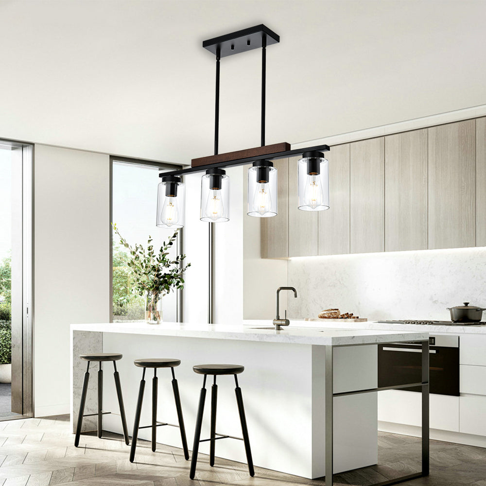 4-Lights Farmhouse Pendant Lights Fixtures Ceiling Hanging, Modern Black Kitchen Island Lighting with Clear Glass Lampshades & Wood Frame