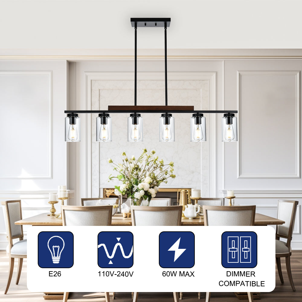Kitchen Island Lighting, 6-Lights Black Dining Room Light Fixtures Over Table, Farmhouse Linear Chandelier with Clear Glass Shades & Wood Frame