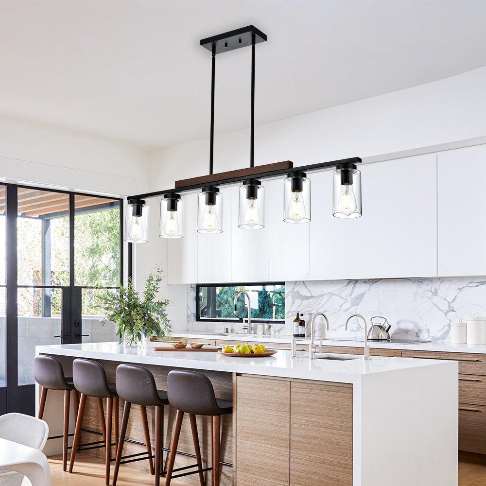 Kitchen Island Lighting, 6-Lights Black Dining Room Light Fixtures Over Table, Farmhouse Linear Chandelier with Clear Glass Shades & Wood Frame