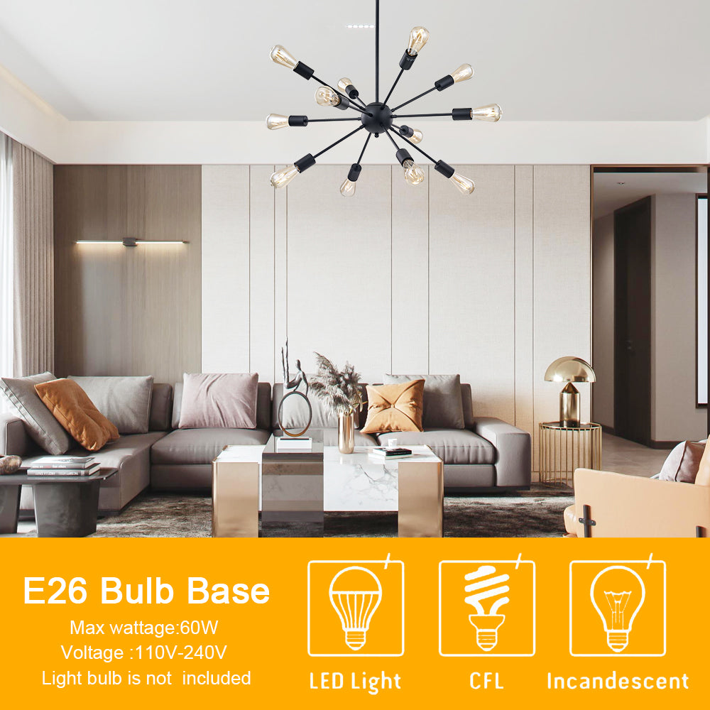 Black Sputnik Ceiling Light – Multi-Directional 12-Light Chandelier with Customizable Height Kitchen Island Hanging Lights for dining rooms entryways