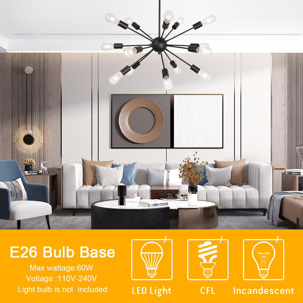 Black Sputnik Ceiling Light – Multi-Directional 15-Light Chandelier with Customizable Height Kitchen Island Hanging Lights for dining rooms entryways