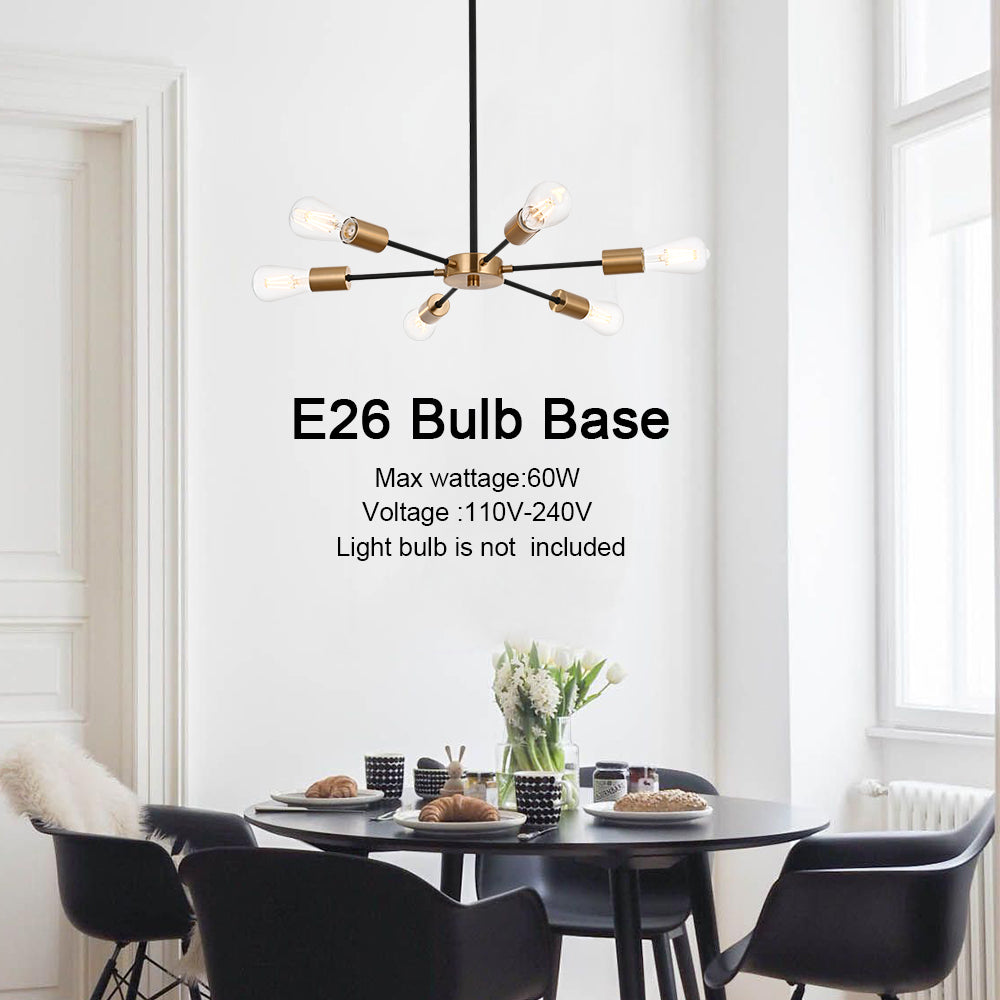 Modern Black Brass Sputnik Chandelier – 6-Light Adjustable Ceiling Fixture for Vaulted Ceilings E26 Bulb Base