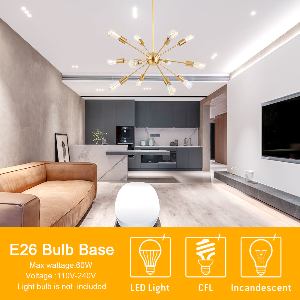 Brass Sputnik Ceiling Light – Multi-Directional 12-Light Chandelier with Customizable Height Kitchen Island Hanging Lights for dining rooms entryways
