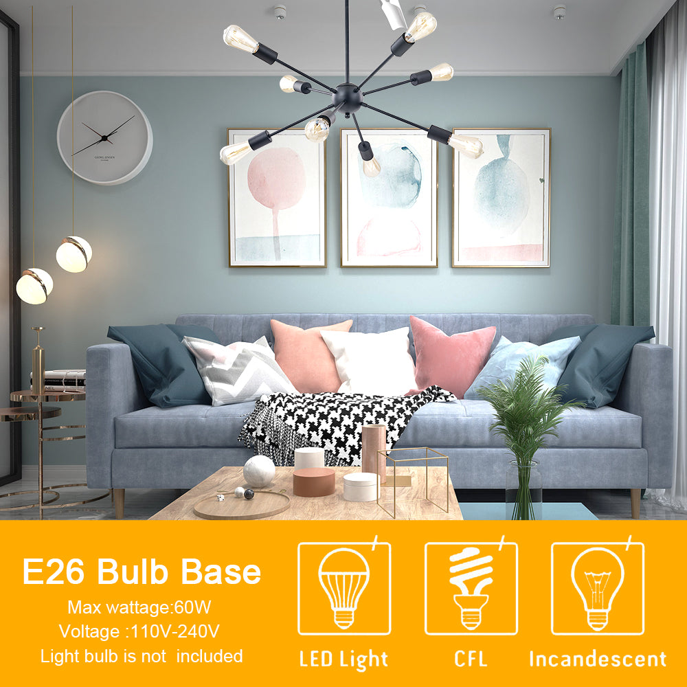 Black Sputnik Ceiling Light – Multi-Directional 8-Light Chandelier with Slopped Ceiling Kitchen Island Hanging Lights for dining rooms entryways