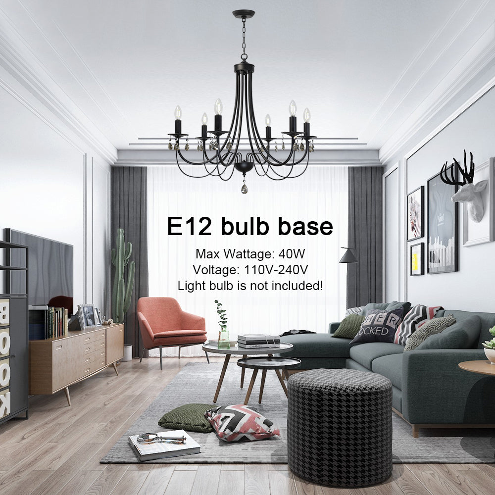 Black Chandeliers 6 Lights Crystal Chandelier Modern Candle Pendant Light Fixtures Elegant Ceiling Hanging Lights for Dining Room Living Room
