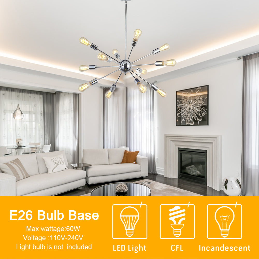 Chrome Sputnik Ceiling Light – Multi-Directional 12-Light Chandelier with Customizable Height Kitchen Island Hanging Lights for dining rooms entryways