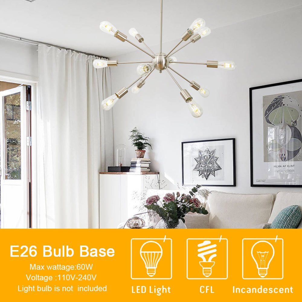 Brushed Nickel Sputnik Ceiling Light – Multi-Directional 12-Light Chandelier with Customizable Height Kitchen Island Hanging Lights for dining rooms entryways