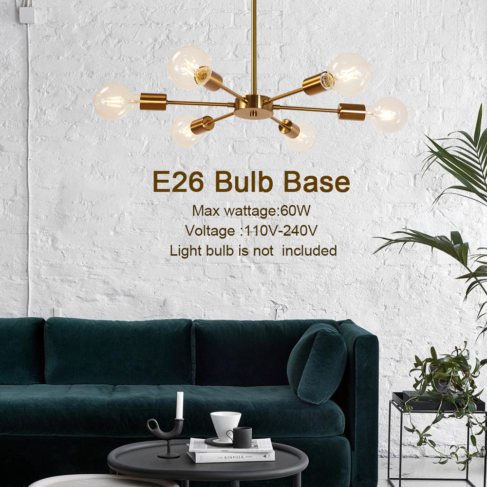Modern Brass Sputnik Chandelier – 6-Light Adjustable Ceiling Fixture for Vaulted Ceilings E26 Bulb Base