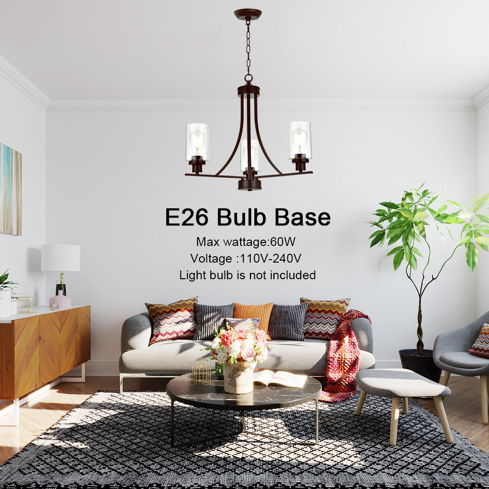 3 Lights Oil-Rubbed Bronze Traditional Chandelier Rustic Kitchen Island Lighting Fixtures Hanging Clear Glass Cylinder Pendant Lights Classic Ceiling Light for Dining Room Bedroom Foyer