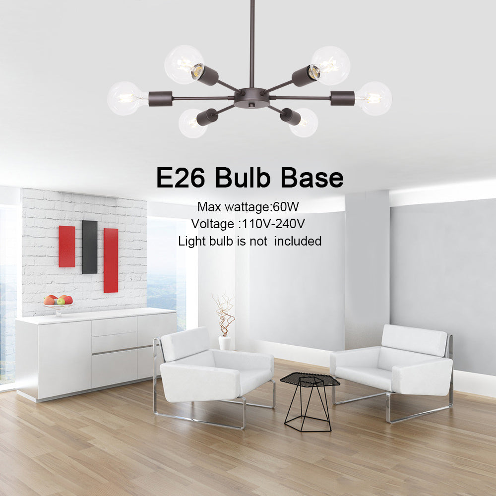 Modern Oil Rubbed Bronze Sputnik Chandelier – 6-Light Adjustable Ceiling Fixture for Vaulted Ceilings E26 Bulb Base