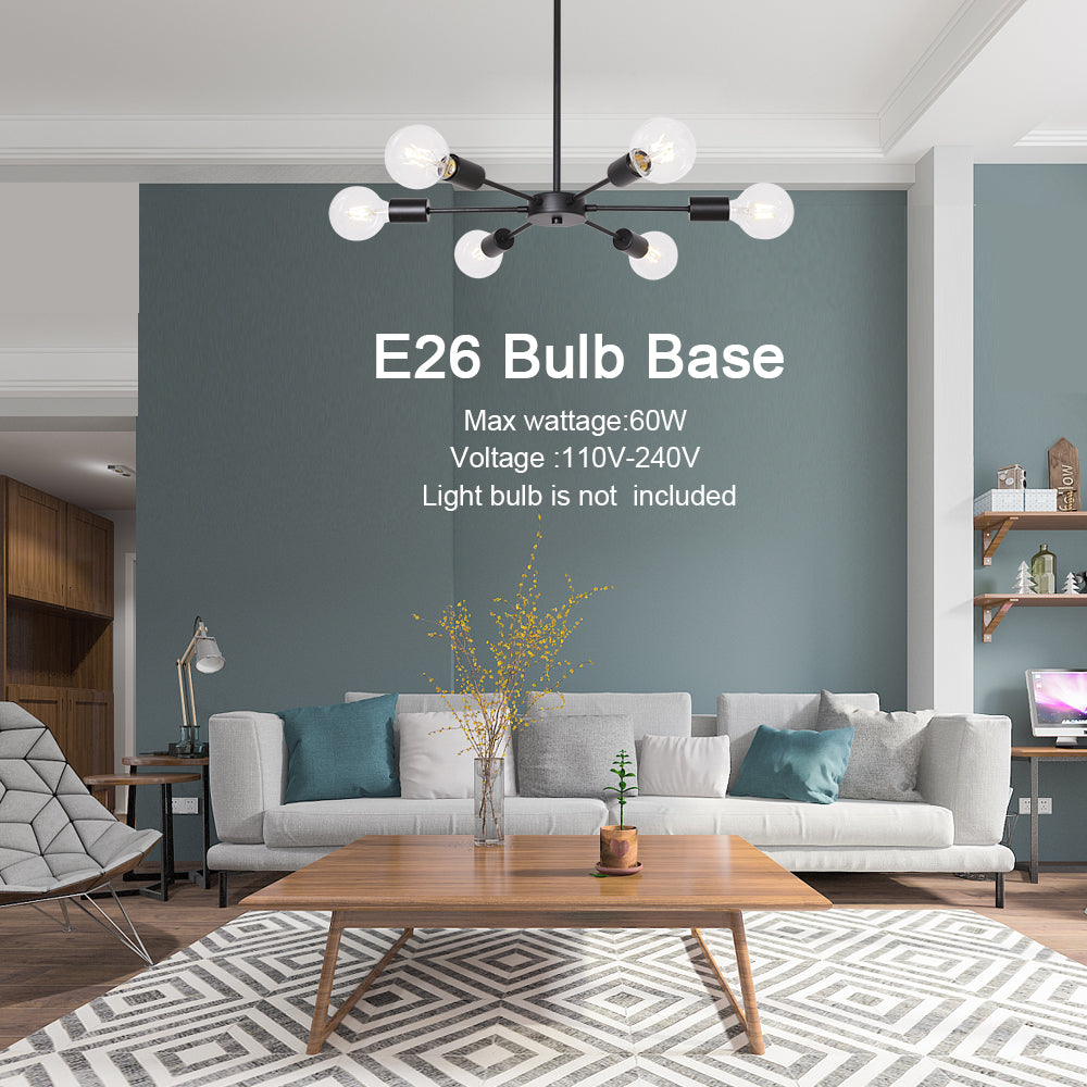 Modern Sputnik Chandelier – 6-Light Adjustable Ceiling Fixture for Vaulted Ceilings E26 Bulb Base