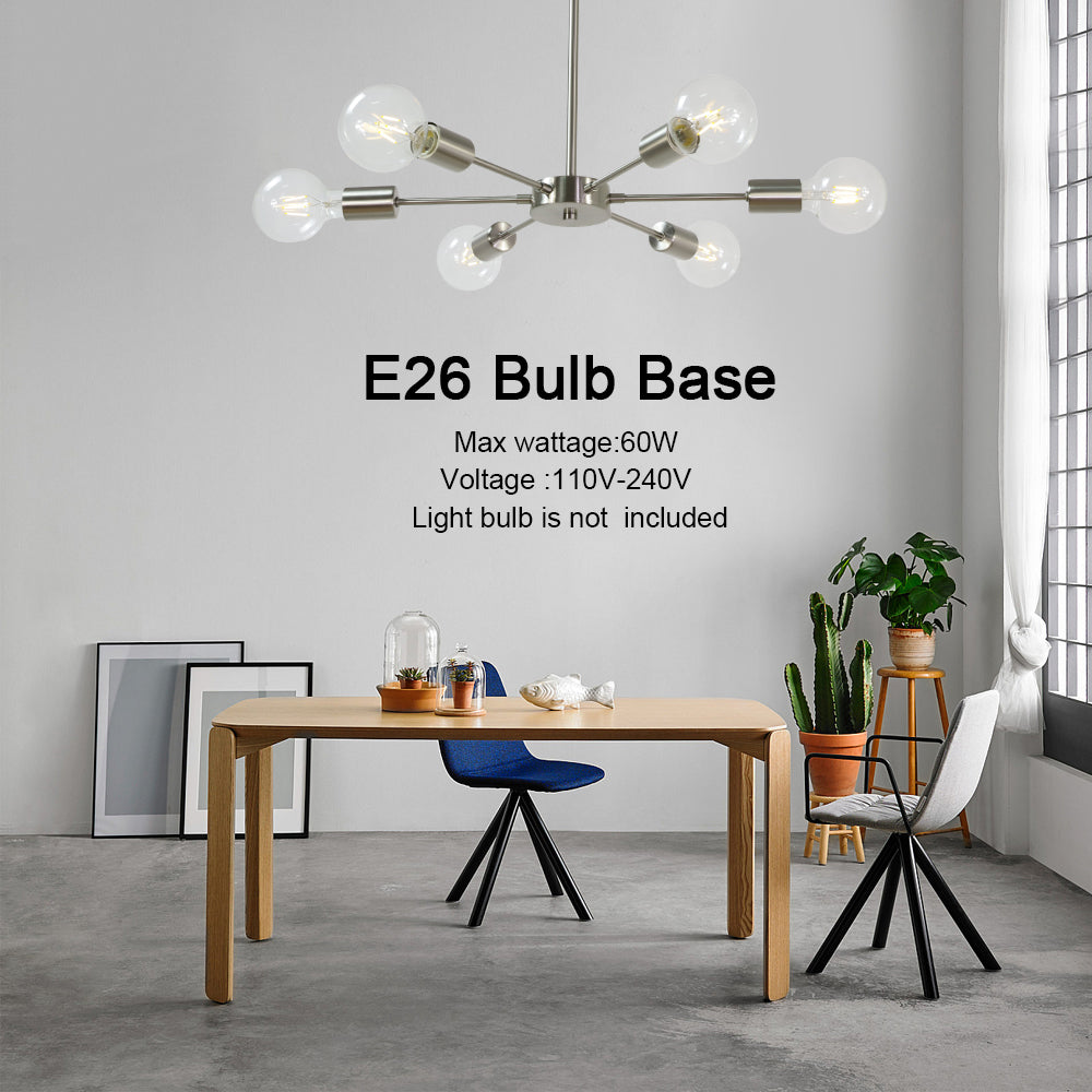 Modern Brushed Nickel Sputnik Chandelier – 6-Light Adjustable Ceiling Fixture for Vaulted Ceilings E26 Bulb Base