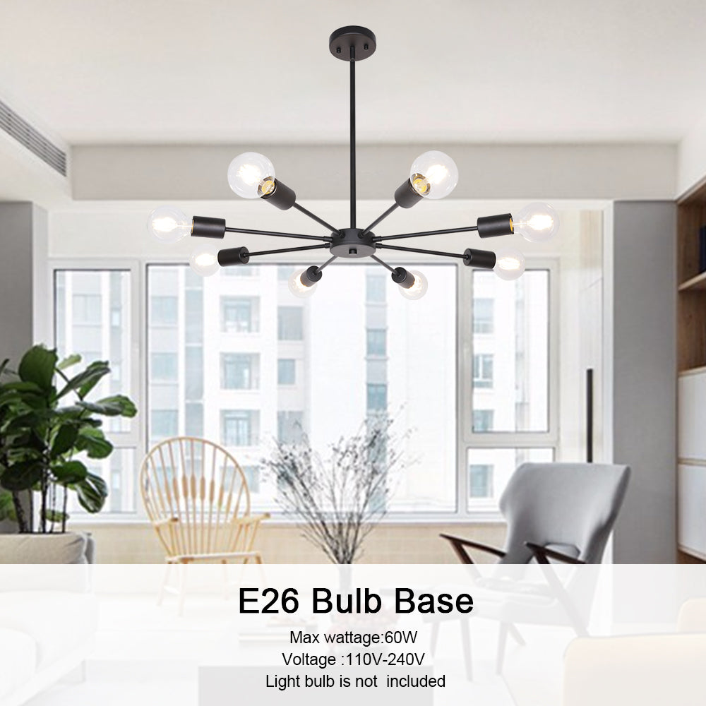 Mid-Century Sputnik Chandelier – Black Durable Metal Finish for Sloped Ceilings 8 Adjustable Lights