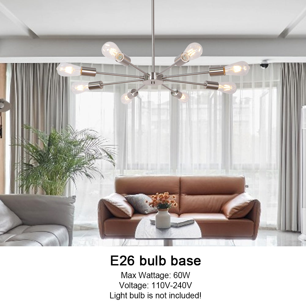 Mid-Century Sputnik Chandelier – Brushed Nickel Durable Metal Finish for Sloped Ceilings 8 Adjustable Lights