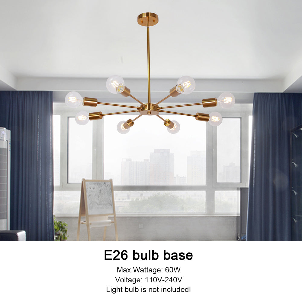 Mid-Century Sputnik Chandelier – Brass Durable Metal Finish for Sloped Ceilings 8 Adjustable Lights