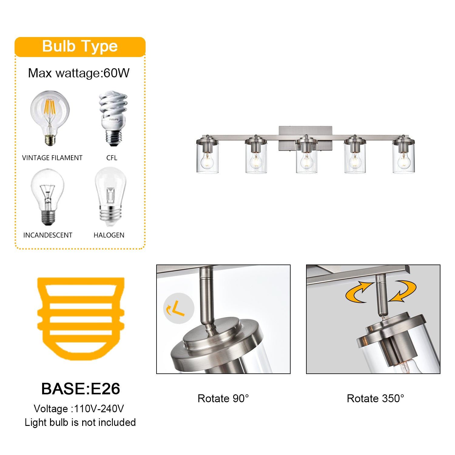 Brushed Nickel Adjustable Track Light Fixture – Modern 5-light Clear Glass Shade Vanity Track Lights with Flexible Heads Wall Mounted