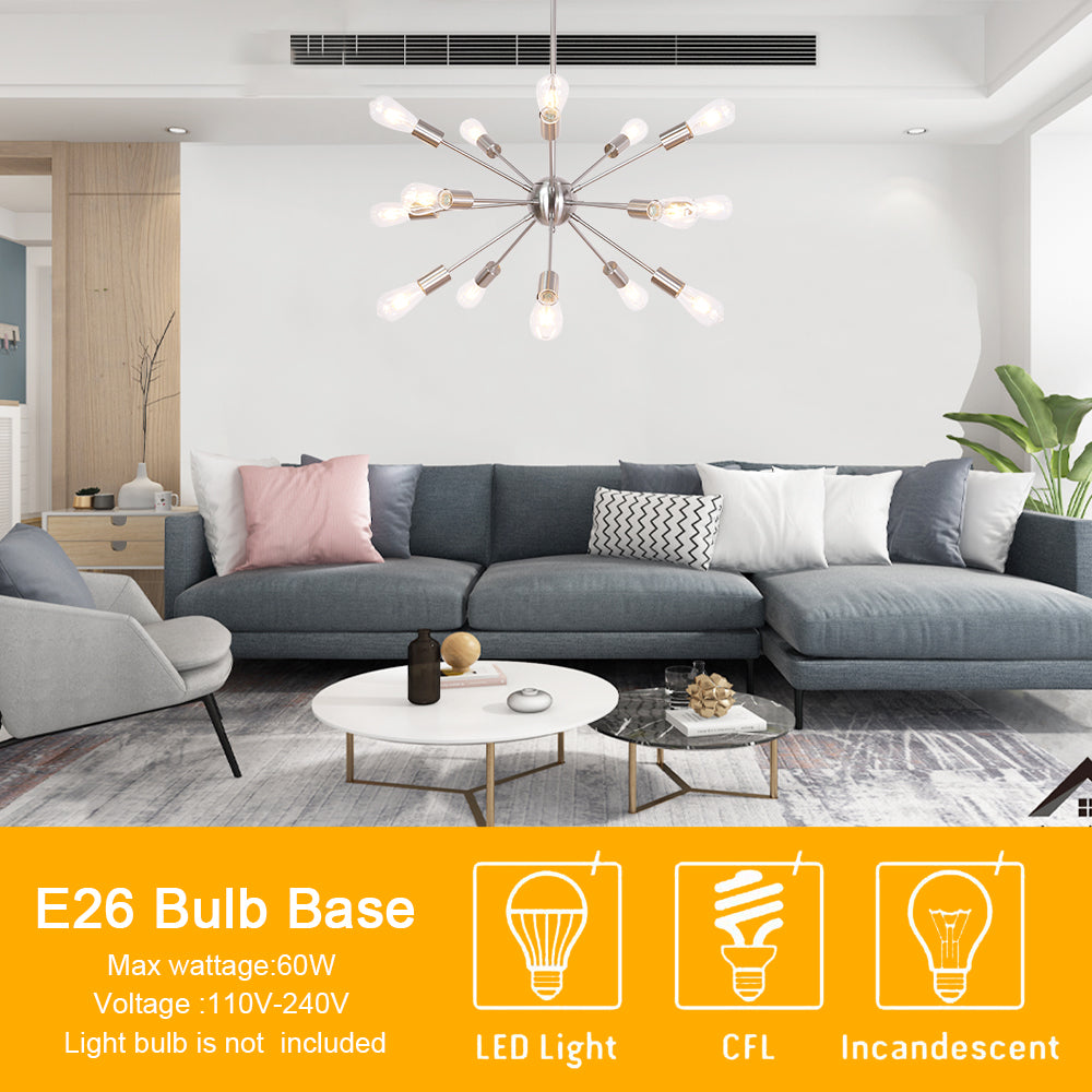 Brushed Nickel Sputnik Ceiling Light – Multi-Directional 15-Light Chandelier with Customizable Height Kitchen Island Hanging Lights for dining rooms entryways