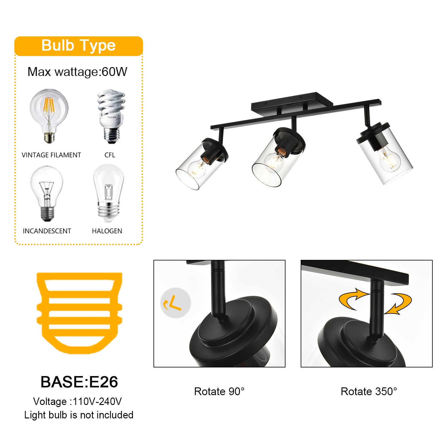 Black Adjustable Track Light Fixture – Modern 3-light Clear Glass Shade Vanity Track Lights with Flexible Heads Wall Mounted
