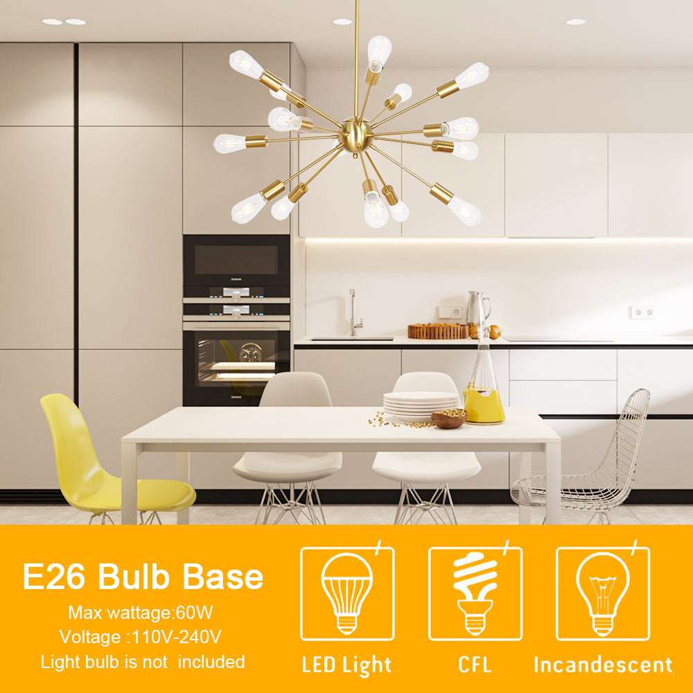 Brass Sputnik Ceiling Light – Multi-Directional 15-Light Chandelier with Customizable Height Kitchen Island Hanging Lights for dining rooms entryways