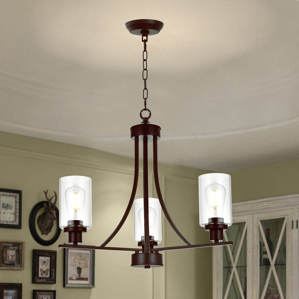 3 Lights Oil-Rubbed Bronze Traditional Chandelier Rustic Kitchen Island Lighting Fixtures Hanging Clear Glass Cylinder Pendant Lights Classic Ceiling Light for Dining Room Bedroom Foyer