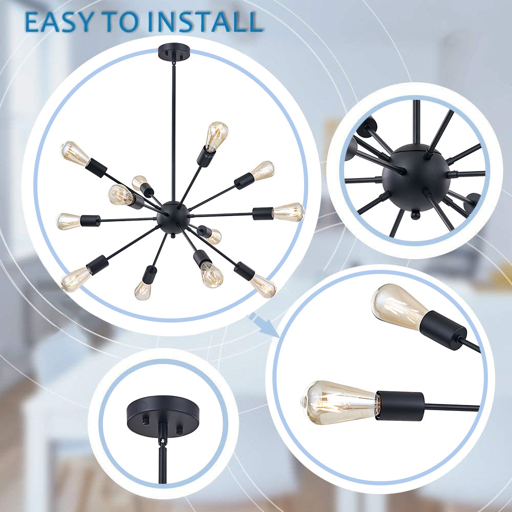 Black Sputnik Ceiling Light – Multi-Directional 12-Light Chandelier with Customizable Height Kitchen Island Hanging Lights for dining rooms entryways