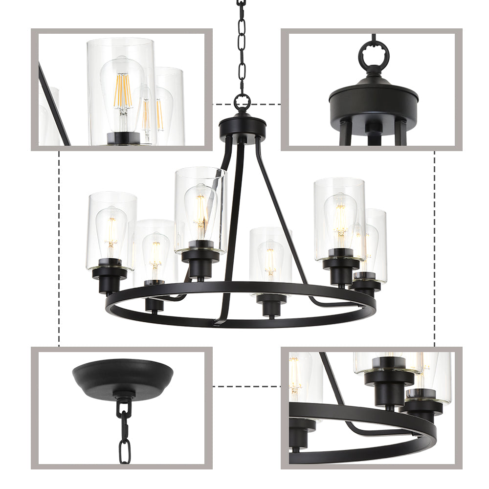 6-Light Glass Chandelier Farmhouse Lighting, Kitchen Island Lighting Dining Room Light Fixtures Hanging Glass Pendant Light Oil Rubbed Bronze Finished