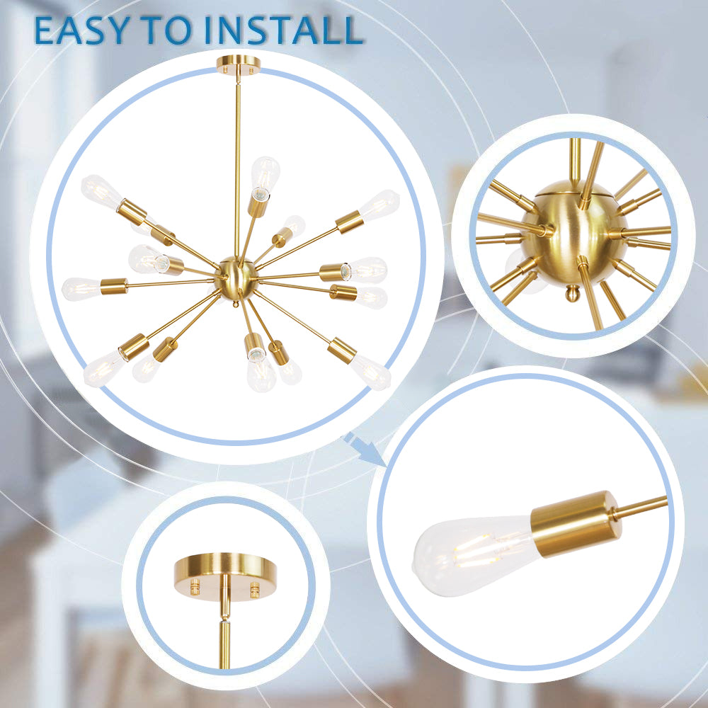 Brass Sputnik Ceiling Light – Multi-Directional 15-Light Chandelier with Customizable Height Kitchen Island Hanging Lights for dining rooms entryways