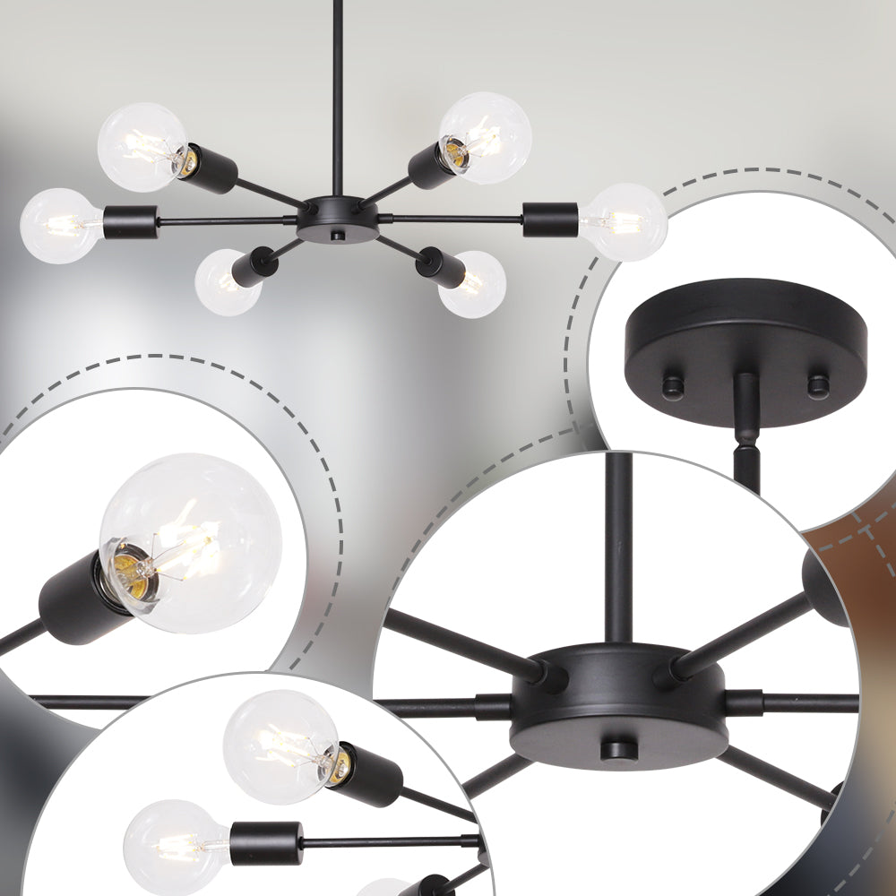 Modern Sputnik Chandelier – 6-Light Adjustable Ceiling Fixture for Vaulted Ceilings E26 Bulb Base