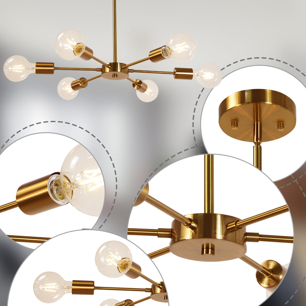 Modern Brass Sputnik Chandelier – 6-Light Adjustable Ceiling Fixture for Vaulted Ceilings E26 Bulb Base
