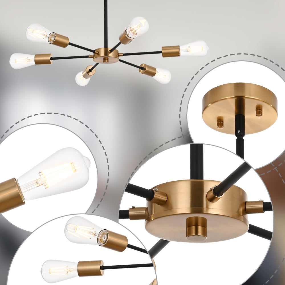 Modern Black Brass Sputnik Chandelier – 6-Light Adjustable Ceiling Fixture for Vaulted Ceilings E26 Bulb Base