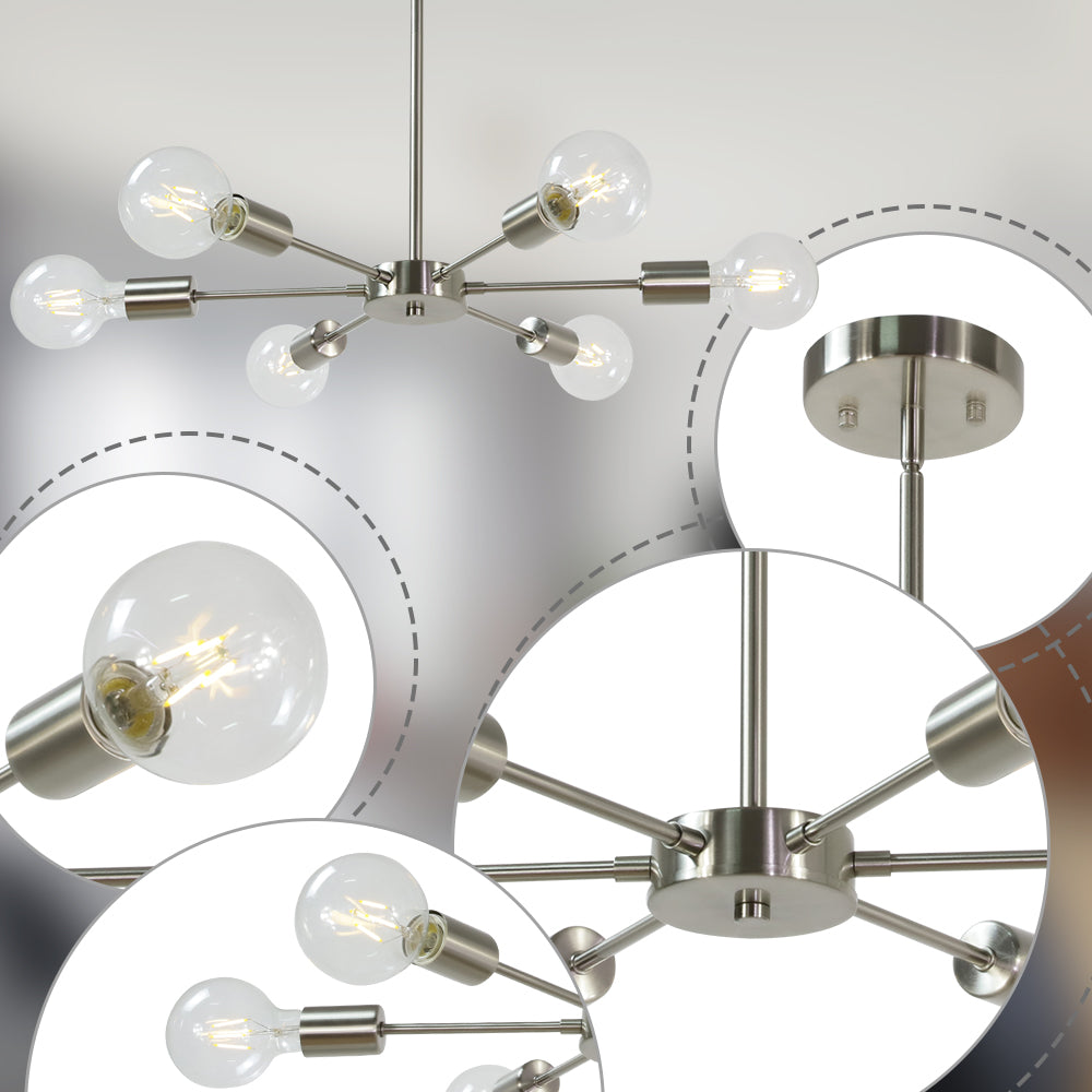 Modern Brushed Nickel Sputnik Chandelier – 6-Light Adjustable Ceiling Fixture for Vaulted Ceilings E26 Bulb Base