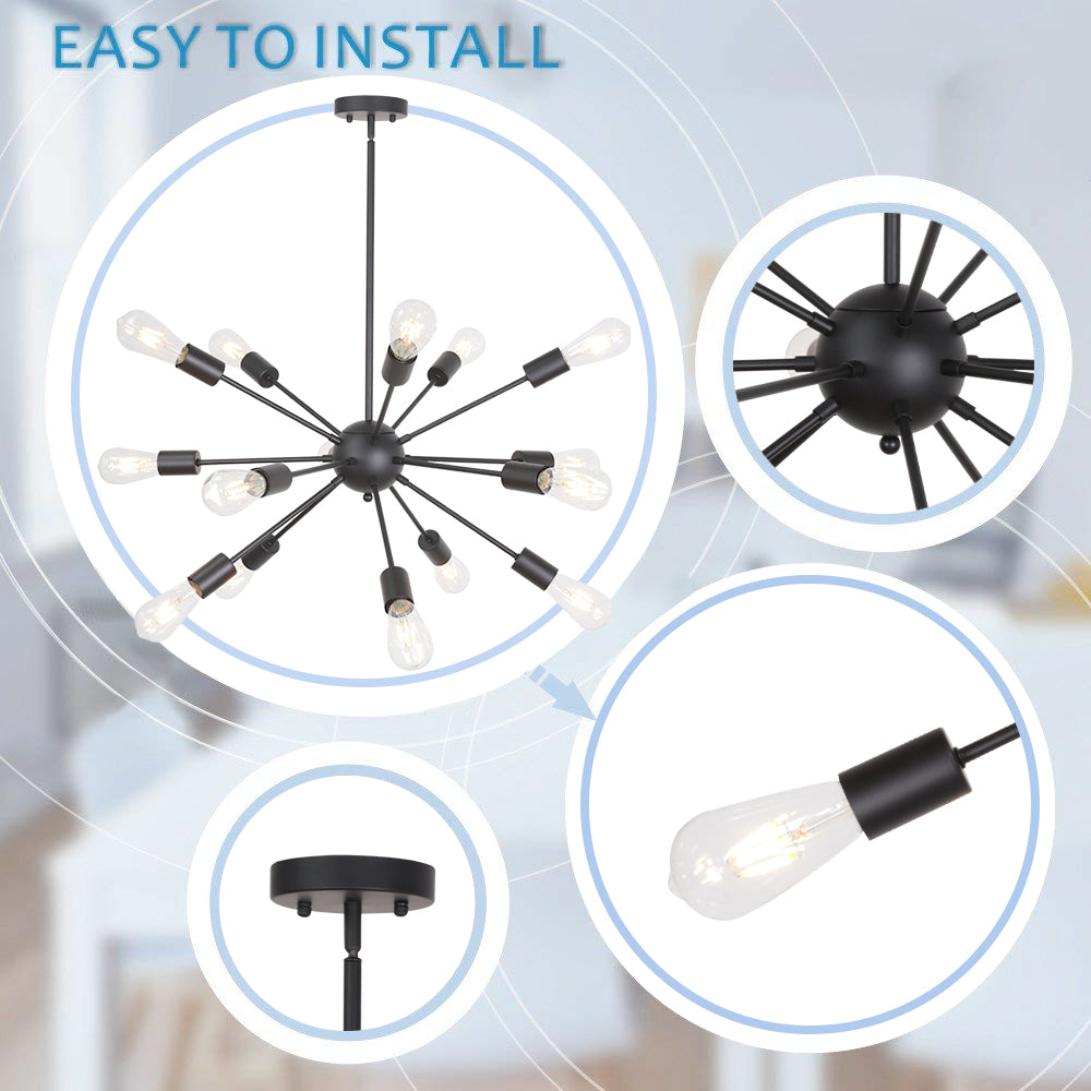 Black Sputnik Ceiling Light – Multi-Directional 15-Light Chandelier with Customizable Height Kitchen Island Hanging Lights for dining rooms entryways