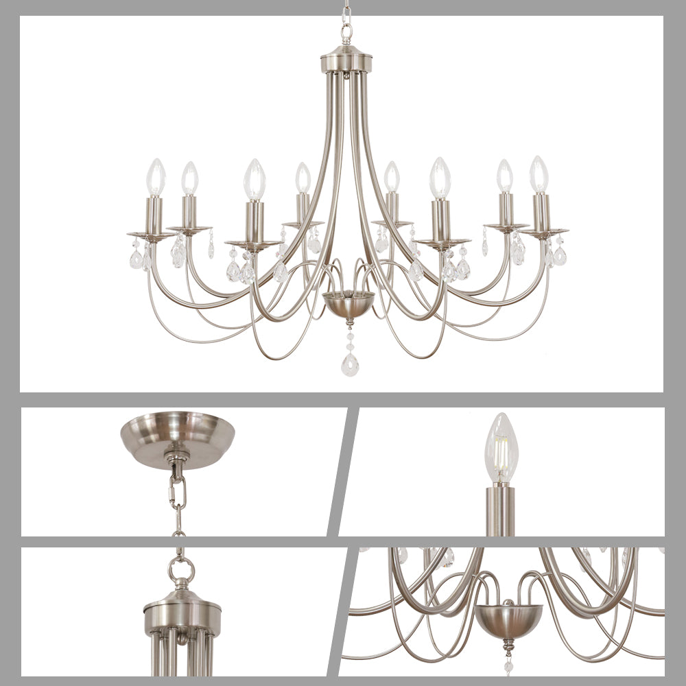 Crystal Chandeliers 8 Lights Brushed Nickel Chandelier Mid Century Ceiling Lighting Dining Room Light Fixtures Elegant Pendant Lighting for Dining Room