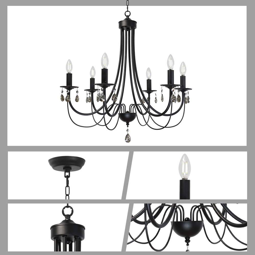 Black Chandeliers 6 Lights Crystal Chandelier Modern Candle Pendant Light Fixtures Elegant Ceiling Hanging Lights for Dining Room Living Room