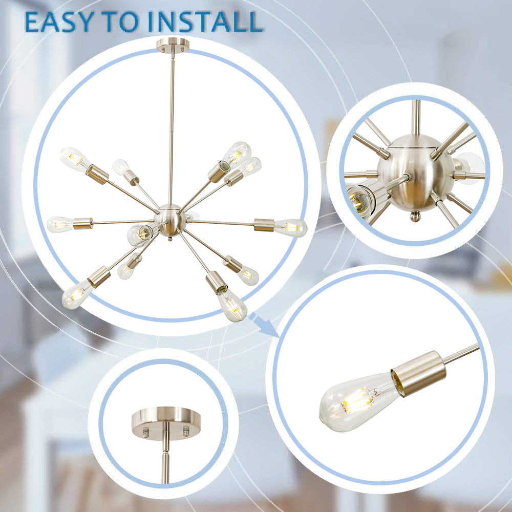 Brushed Nickel Sputnik Ceiling Light – Multi-Directional 12-Light Chandelier with Customizable Height Kitchen Island Hanging Lights for dining rooms entryways